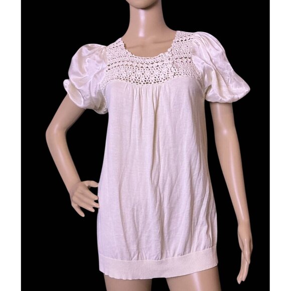 BCBG Crochet Large Silk Cotton Puffed Sleeve Pullover Ivory Cottagecore Size L - Picture 2 of 13